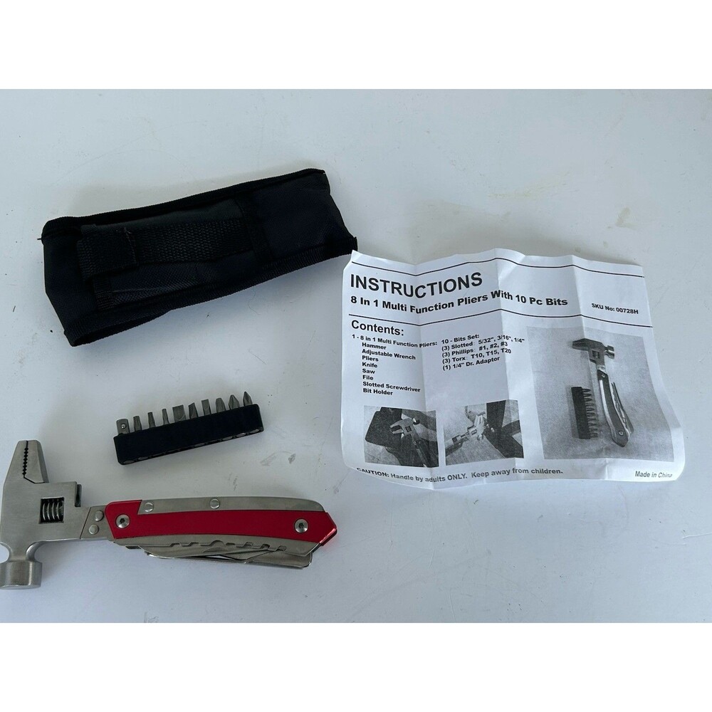 New 8-in-1 Multi Tool Hammer Adjustable Wrench Pliers Knife Bit Set w/ Sheath